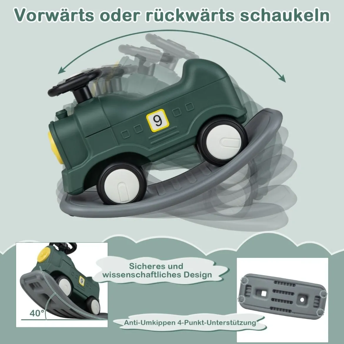 3 in 1 Schaukelpferd Schaukeltier & Rutschauto mit Abnehmbarem Balance Board Grün Zug