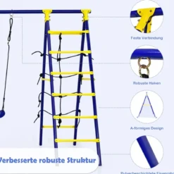 5 in 1 Schaukelset mit 2 Schaukeln Basketballkorb Kletternetz & Kletterleiter Kletter & Schaukelkombination Blau