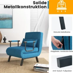 4 in 1 Schlafsessel Klappbar Schlafsofa mit 5 Stufig Verstellbarer Rückenlehne Blau
