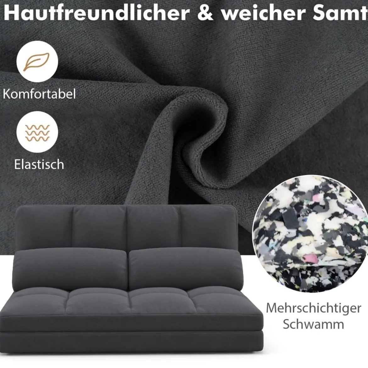 3 in 1 Schlafsofa mit Schlaffunktion & Verstellbarer Rückenlehne Klappbares Bodensofa Dunkelgrau