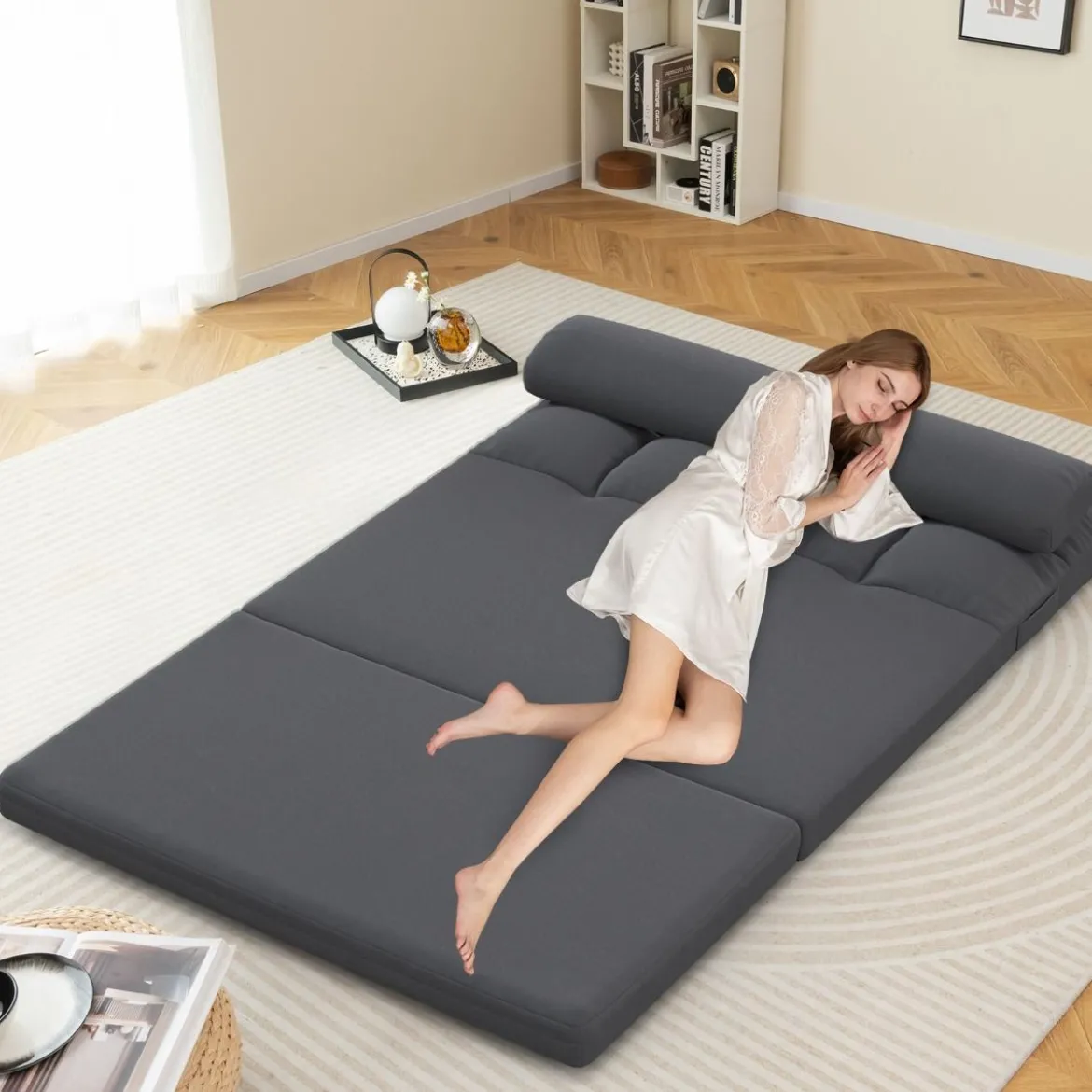 3 in 1 Schlafsofa mit Schlaffunktion & Verstellbarer Rückenlehne Klappbares Bodensofa Dunkelgrau