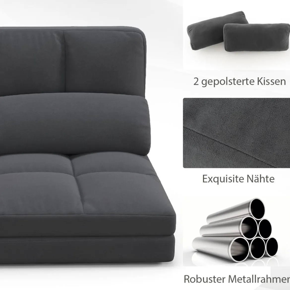 3 in 1 Schlafsofa mit Schlaffunktion & Verstellbarer Rückenlehne Klappbares Bodensofa Dunkelgrau