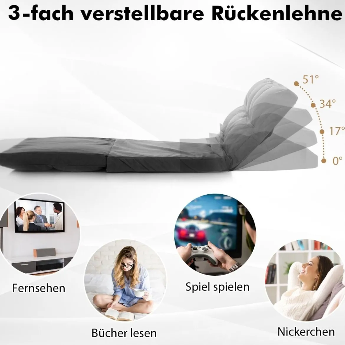 3 in 1 Schlafsofa mit Schlaffunktion & Verstellbarer Rückenlehne Klappbares Bodensofa Dunkelgrau