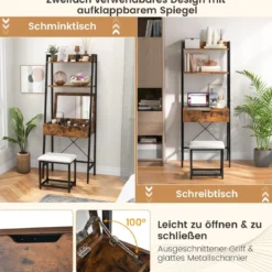 2 in 1 Schminktisch mit Hocker & Spiegel & Doppelten Ablagen & Verstecktem Schrank Schwarz Braun