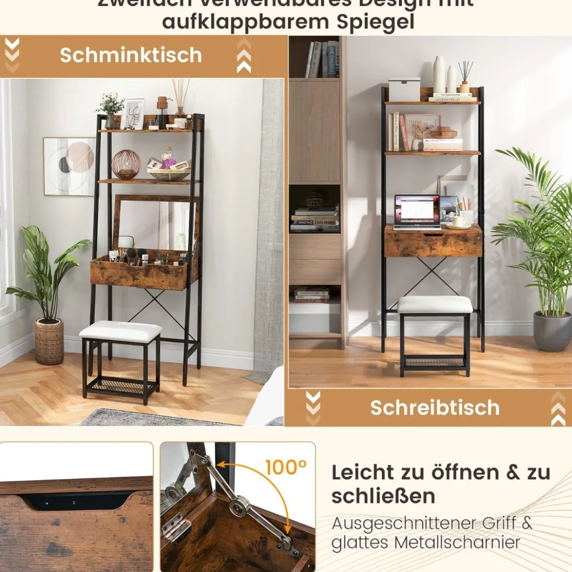 2 in 1 Schminktisch mit Hocker & Spiegel & Doppelten Ablagen & Verstecktem Schrank Schwarz Braun