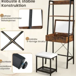 2 in 1 Schminktisch mit Hocker & Spiegel & Doppelten Ablagen & Verstecktem Schrank Schwarz Braun