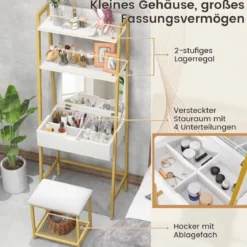 2 in 1 Schminktisch mit Hocker & Spiegel & Doppelten Ablagen & Verstecktem Schrank Weiß Gold
