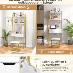 2 in 1 Schminktisch mit Hocker & Spiegel & Doppelten Ablagen & Verstecktem Schrank Weiß Gold
