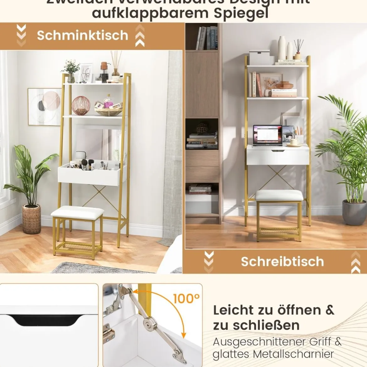 2 in 1 Schminktisch mit Hocker & Spiegel & Doppelten Ablagen & Verstecktem Schrank Weiß Gold