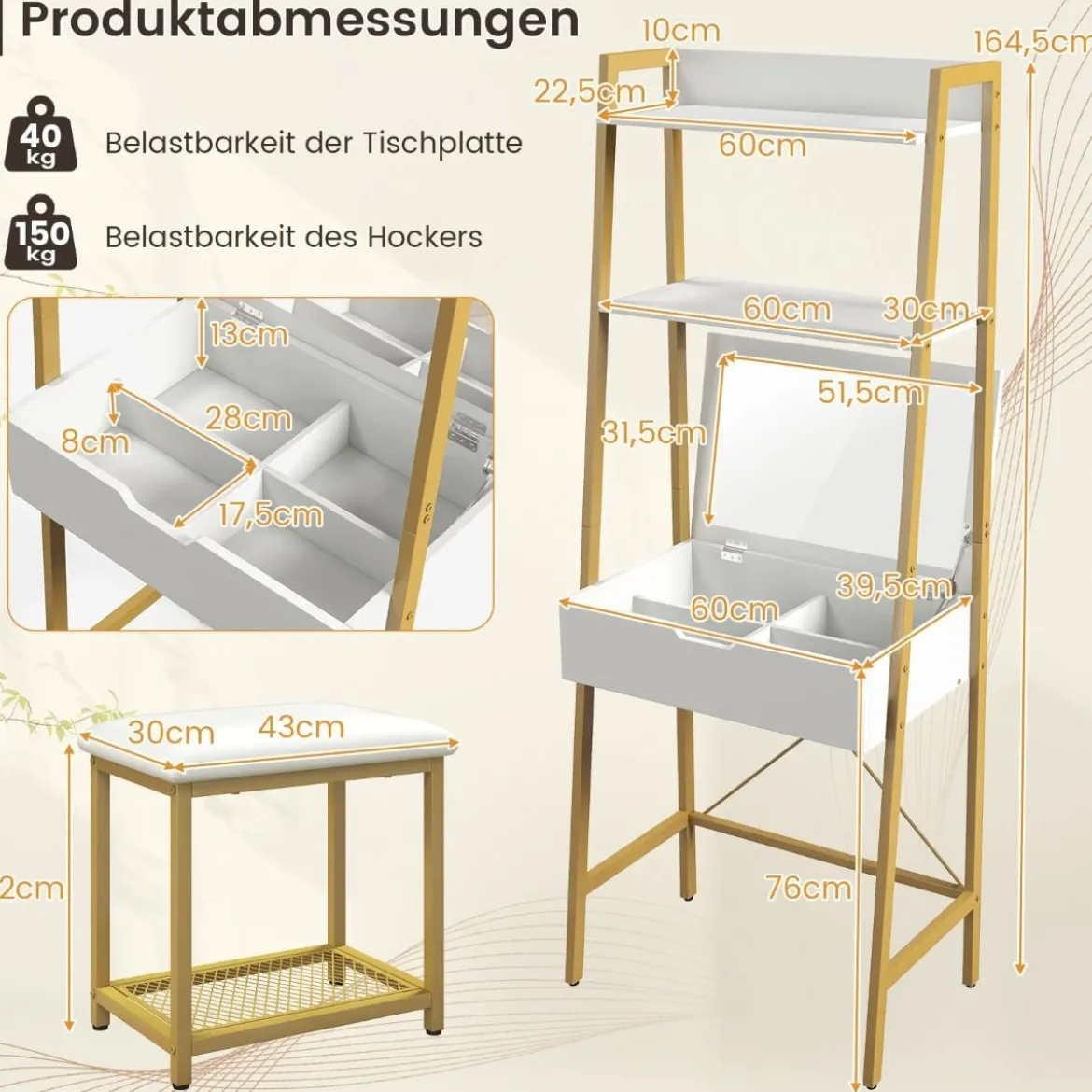 2 in 1 Schminktisch mit Hocker & Spiegel & Doppelten Ablagen & Verstecktem Schrank Weiß Gold