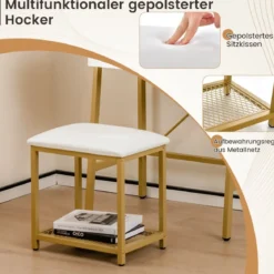 2 in 1 Schminktisch mit Hocker & Spiegel & Doppelten Ablagen & Verstecktem Schrank Weiß Gold