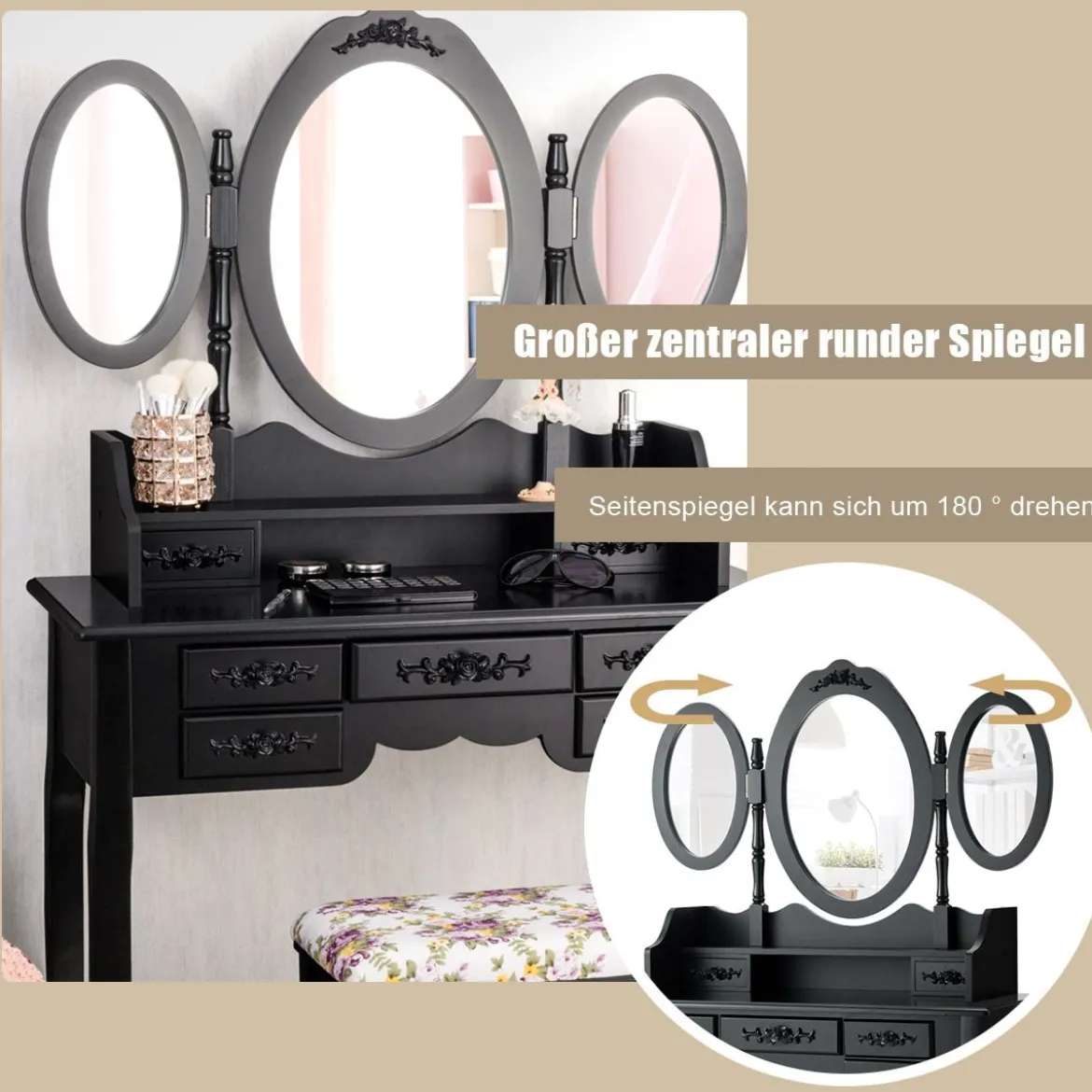 2 in 1 Schminktisch mit Klappbarer Spiegel & Hocker & 7 Schubladen & Offenem Regal Schwarz