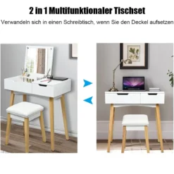 2 in 1 Schminktisch & Schreibtisch Frisiertisch Klappspiegel&Hocker Kosmetiktisch
