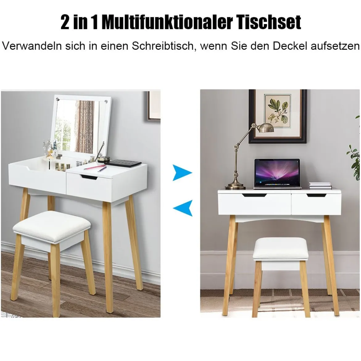 2 in 1 Schminktisch & Schreibtisch Frisiertisch Klappspiegel&Hocker Kosmetiktisch