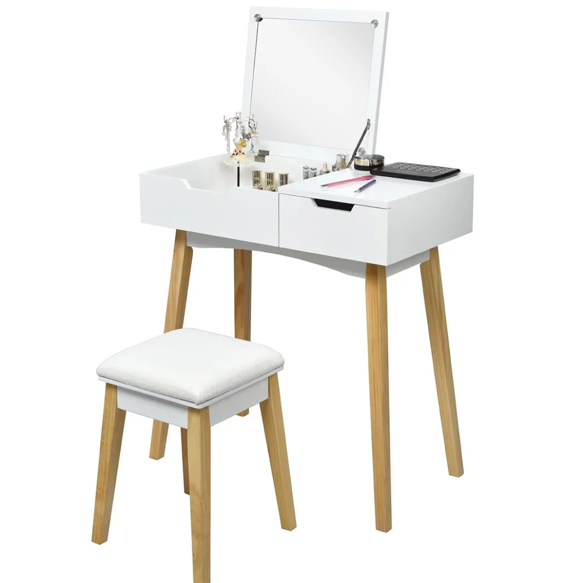 2 in 1 Schminktisch & Schreibtisch Frisiertisch Klappspiegel&Hocker Kosmetiktisch