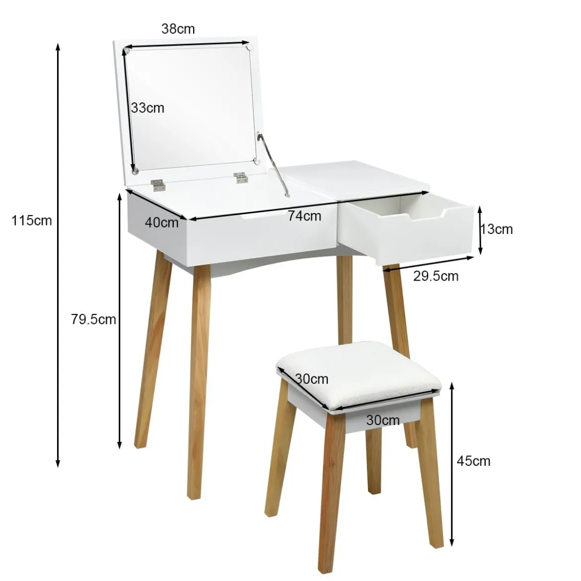 2 in 1 Schminktisch & Schreibtisch Frisiertisch Klappspiegel&Hocker Kosmetiktisch