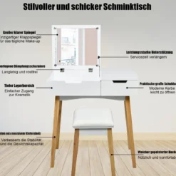 2 in 1 Schminktisch & Schreibtisch Frisiertisch Klappspiegel&Hocker Kosmetiktisch