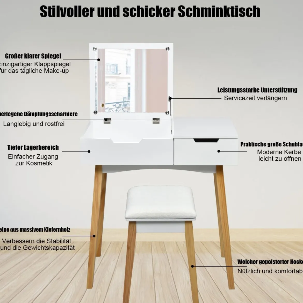 2 in 1 Schminktisch & Schreibtisch Frisiertisch Klappspiegel&Hocker Kosmetiktisch
