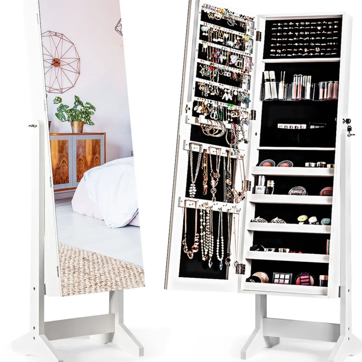2 in 1 Schmuckschrank mit Spiegel abschließbarer Schmuckorganisator 41 x 36,5 x 146 cm Weiß
