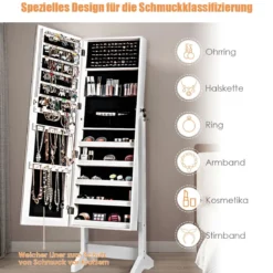 2 in 1 Schmuckschrank mit Spiegel abschließbarer Schmuckorganisator 41 x 36,5 x 146 cm Weiß