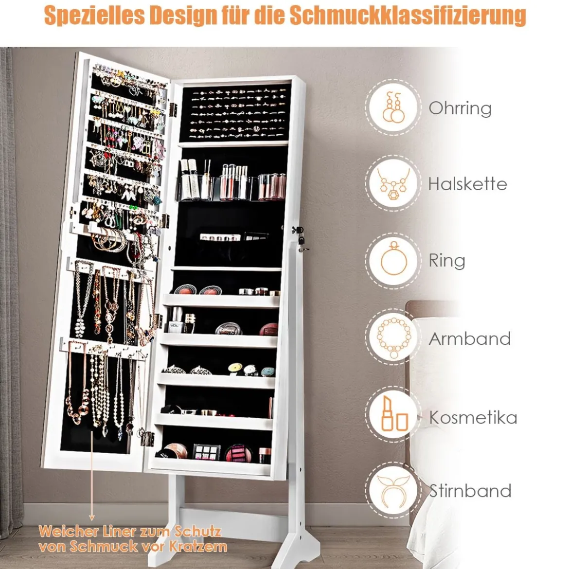 2 in 1 Schmuckschrank mit Spiegel abschließbarer Schmuckorganisator 41 x 36,5 x 146 cm Weiß
