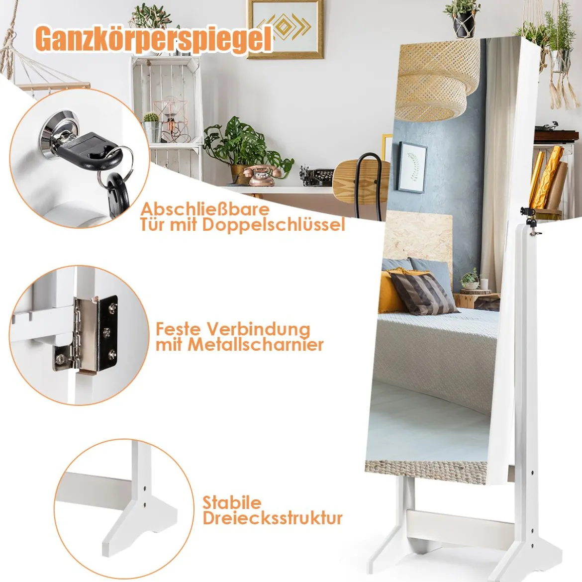 2 in 1 Schmuckschrank mit Spiegel abschließbarer Schmuckorganisator 41 x 36,5 x 146 cm Weiß