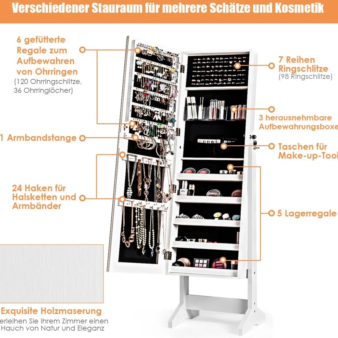 2 in 1 Schmuckschrank mit Spiegel abschließbarer Schmuckorganisator 41 x 36,5 x 146 cm Weiß