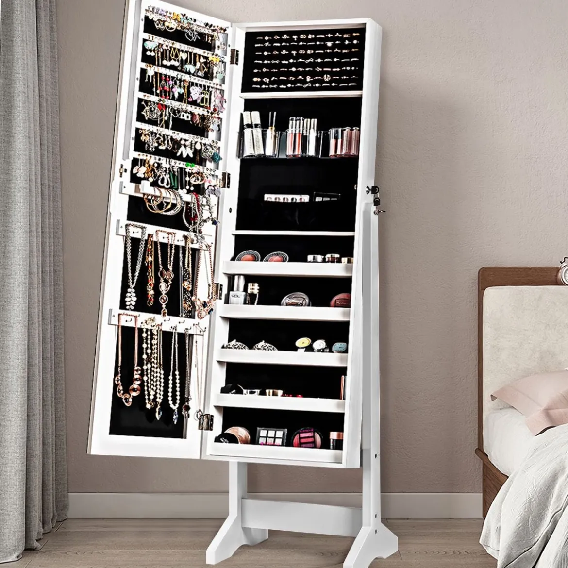 2 in 1 Schmuckschrank mit Spiegel abschließbarer Schmuckorganisator 41 x 36,5 x 146 cm Weiß