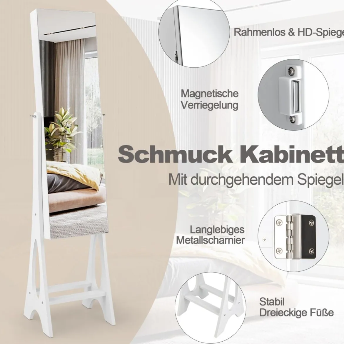 2 in 1 Schmuckschrank Standspiegel mit 12 LEDs Abschließbares Spiegelschrank mit Ganzkörperspiegel