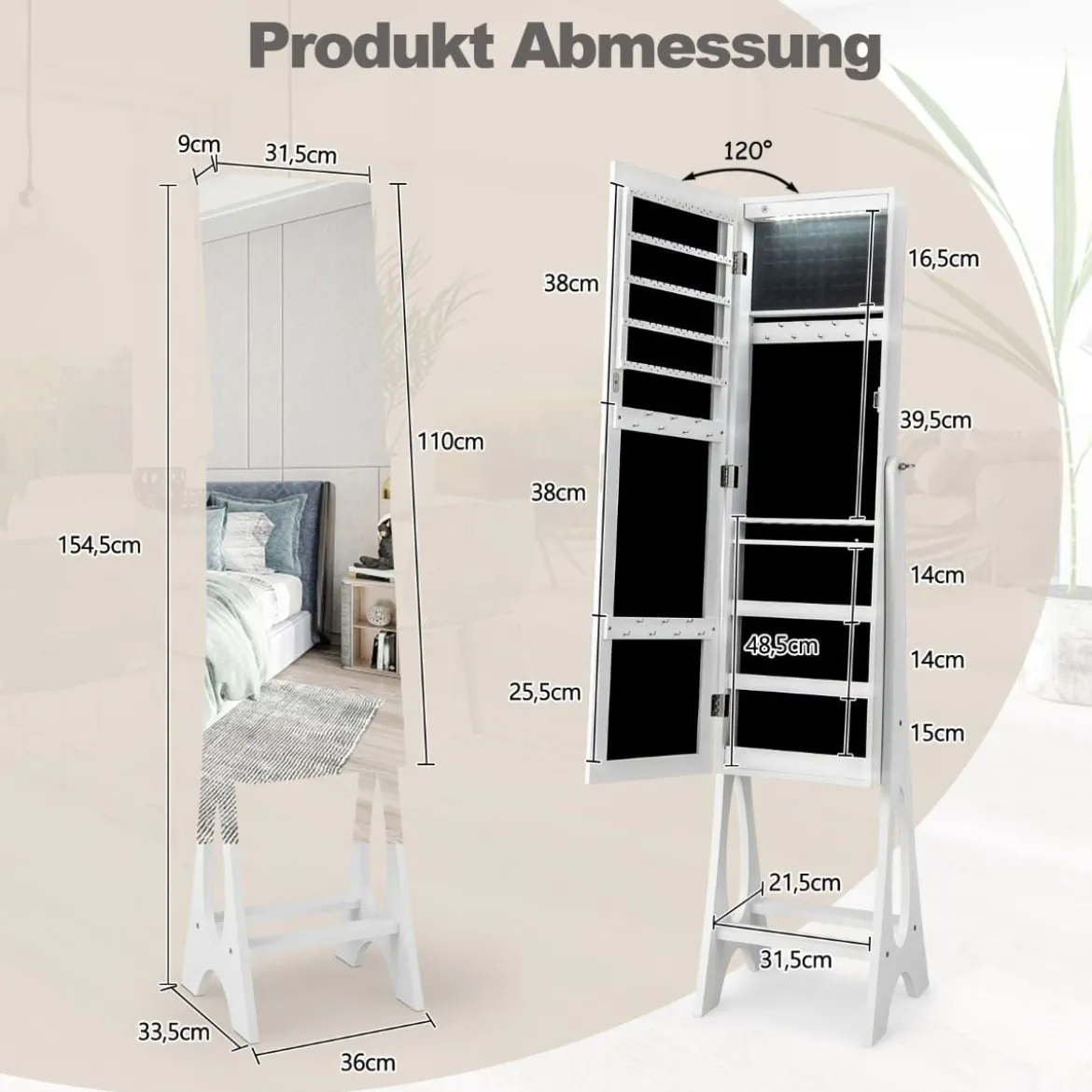 2 in 1 Schmuckschrank Standspiegel mit 12 LEDs Abschließbares Spiegelschrank mit Ganzkörperspiegel