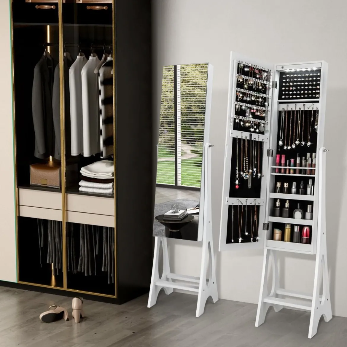 2 in 1 Schmuckschrank Standspiegel mit 12 LEDs Abschließbares Spiegelschrank mit Ganzkörperspiegel
