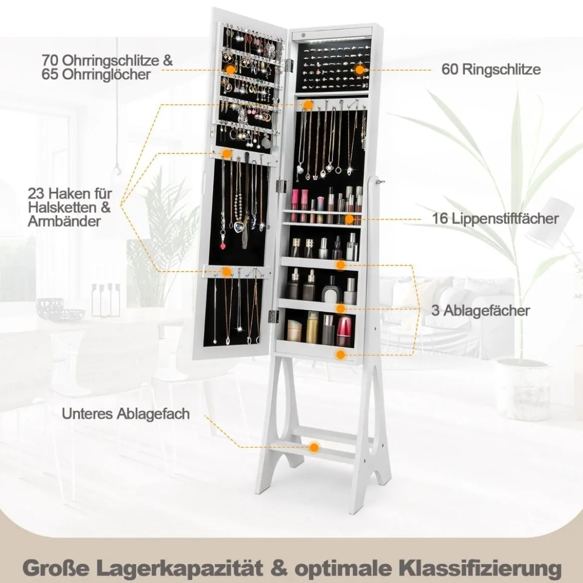2 in 1 Schmuckschrank Standspiegel mit 12 LEDs Abschließbares Spiegelschrank mit Ganzkörperspiegel