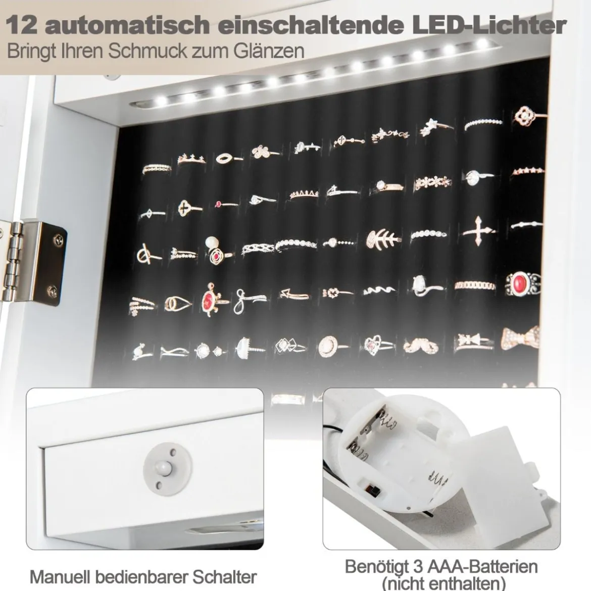 2 in 1 Schmuckschrank Standspiegel mit 12 LEDs Abschließbares Spiegelschrank mit Ganzkörperspiegel