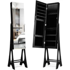 2 in 1 Schmuckschrank Standspiegel mit 12 LEDs Abschließbares Spiegelschrank mit Ganzkörperspiegel