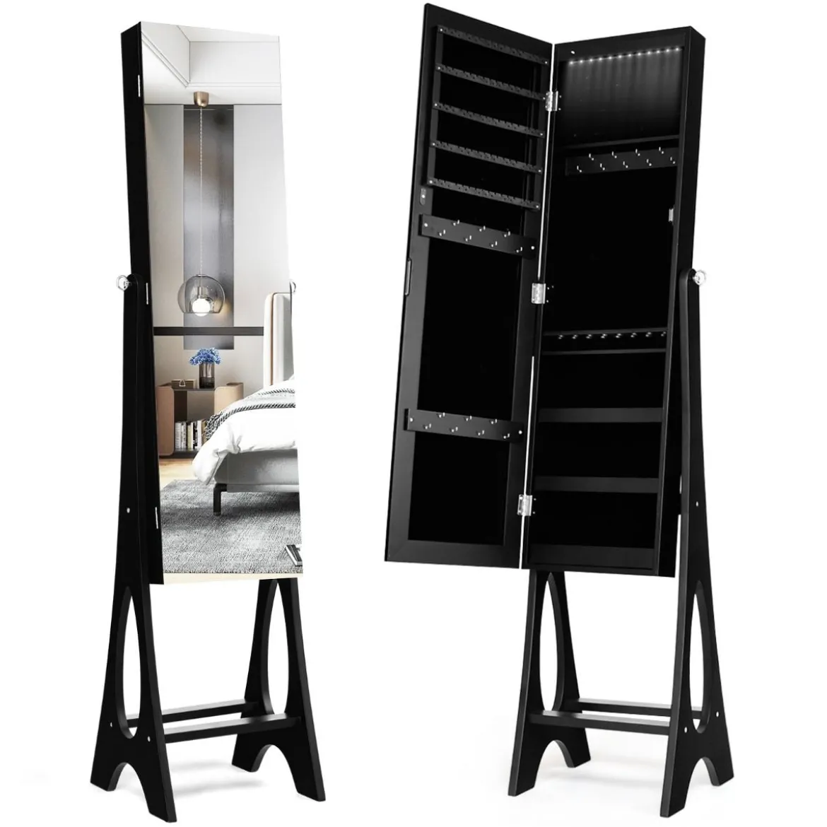2 in 1 Schmuckschrank Standspiegel mit 12 LEDs Abschließbares Spiegelschrank mit Ganzkörperspiegel