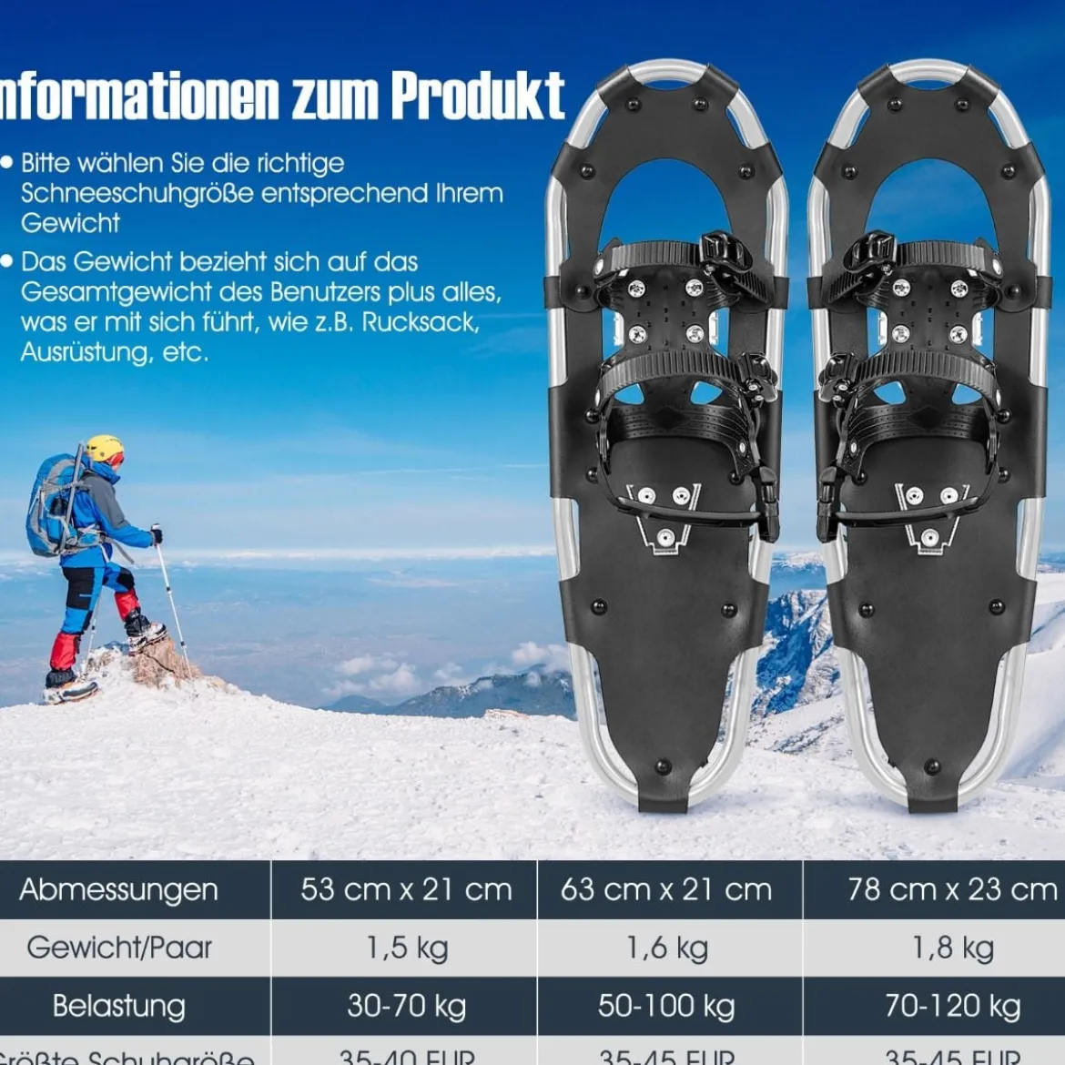 4-in-1 Schneeschuhe-Set Schneeschuhe mit Doppel-Ratschenbindungssystem 78 cm Silber
