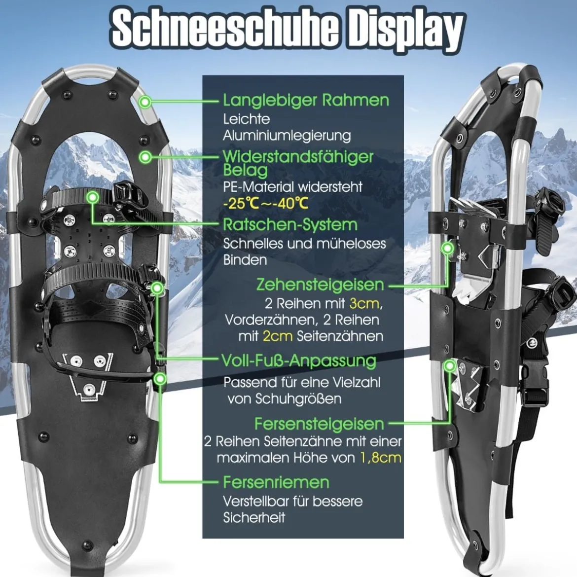 4-in-1 Schneeschuhe-Set Schneeschuhe mit Doppel-Ratschenbindungssystem 78 cm Silber
