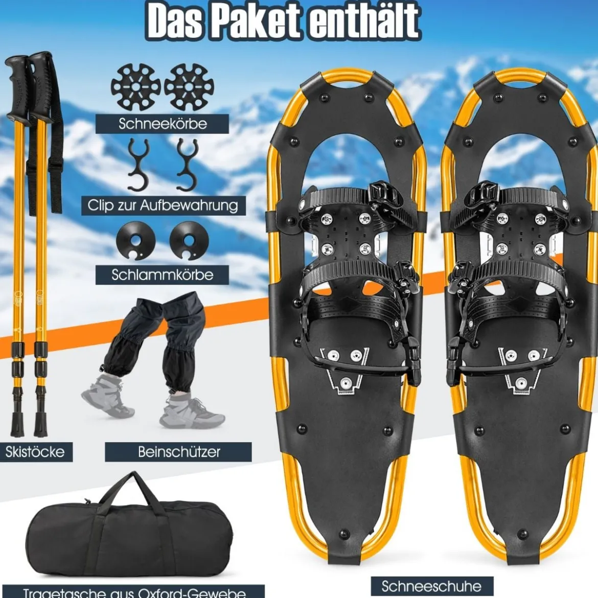 4-in-1 Schneeschuhe-Set Schneeschuhe mit Doppel-Ratschenbindungssystem 63cm Gold