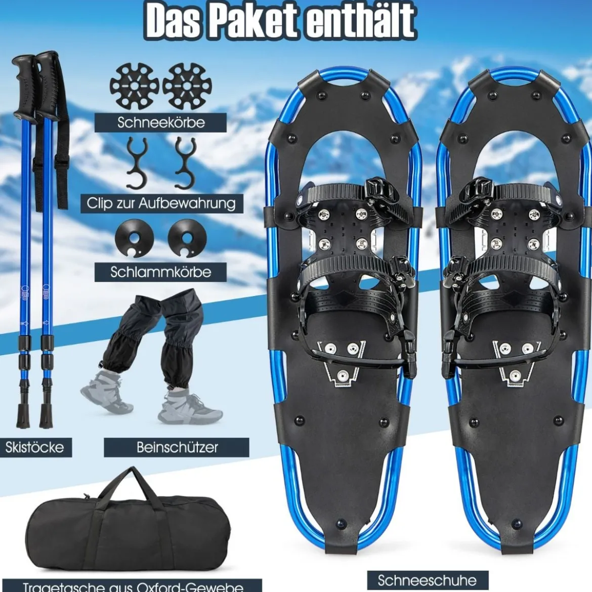 4-in-1 Schneeschuhe-Set Schneeschuhe mit Doppel-Ratschenbindungssystem 53cm Navy Blau