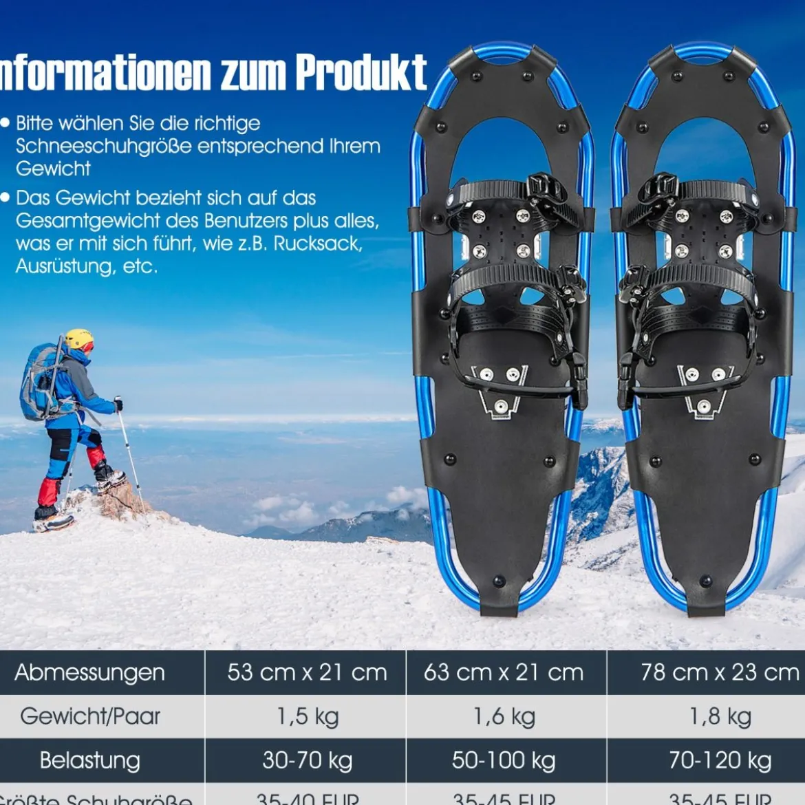 4-in-1 Schneeschuhe-Set Schneeschuhe mit Doppel-Ratschenbindungssystem 53cm Navy Blau