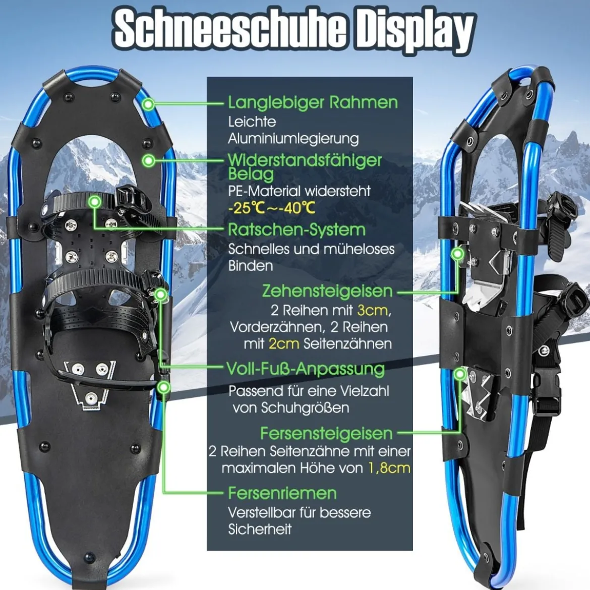 4-in-1 Schneeschuhe-Set Schneeschuhe mit Doppel-Ratschenbindungssystem 78 cm Navy Blau