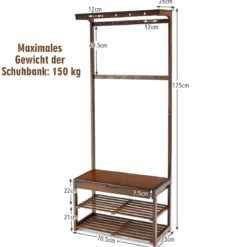 3-in-1-Schuhablage Eingangsablage Garderobenständer Sitzbank 70,5 x 33 x 175 cm Braun