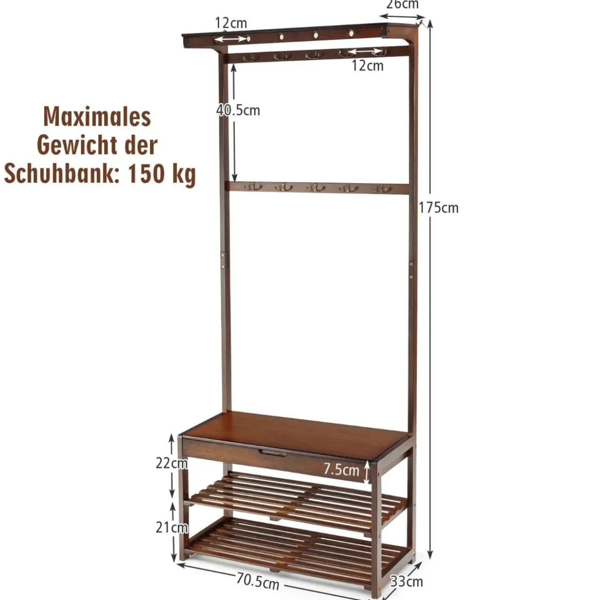 3-in-1-Schuhablage Eingangsablage Garderobenständer Sitzbank 70,5 x 33 x 175 cm Braun