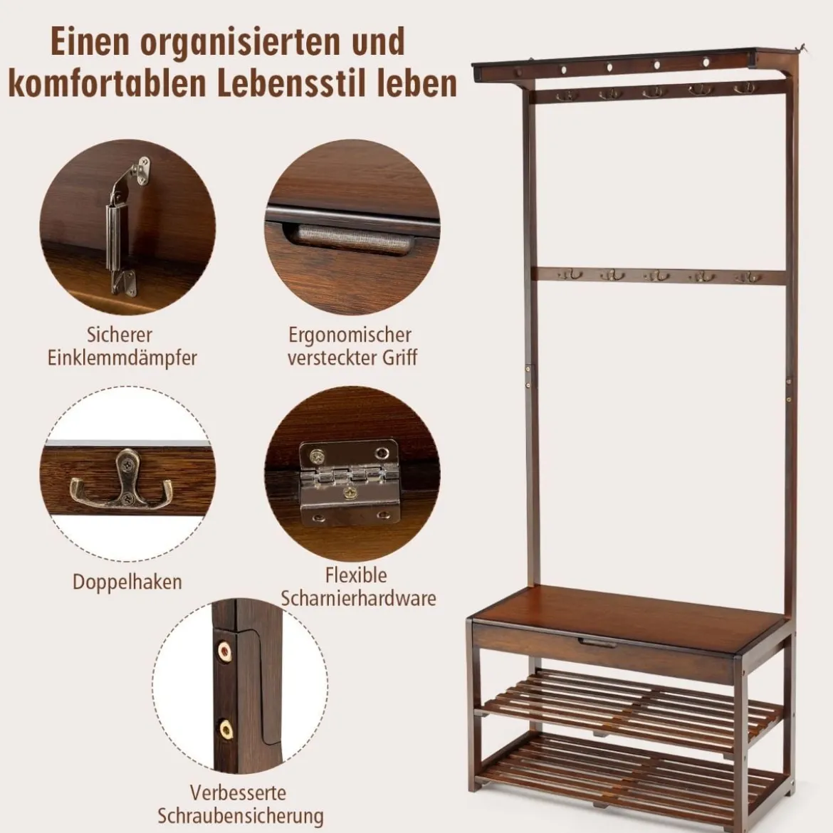 3-in-1-Schuhablage Eingangsablage Garderobenständer Sitzbank 70,5 x 33 x 175 cm Braun