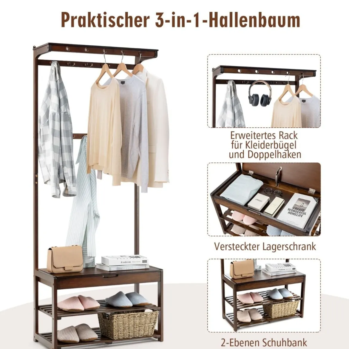 3-in-1-Schuhablage Eingangsablage Garderobenständer Sitzbank 70,5 x 33 x 175 cm Braun