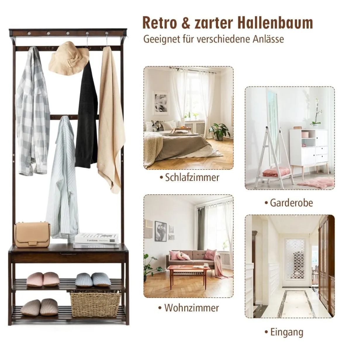 3-in-1-Schuhablage Eingangsablage Garderobenständer Sitzbank 70,5 x 33 x 175 cm Braun