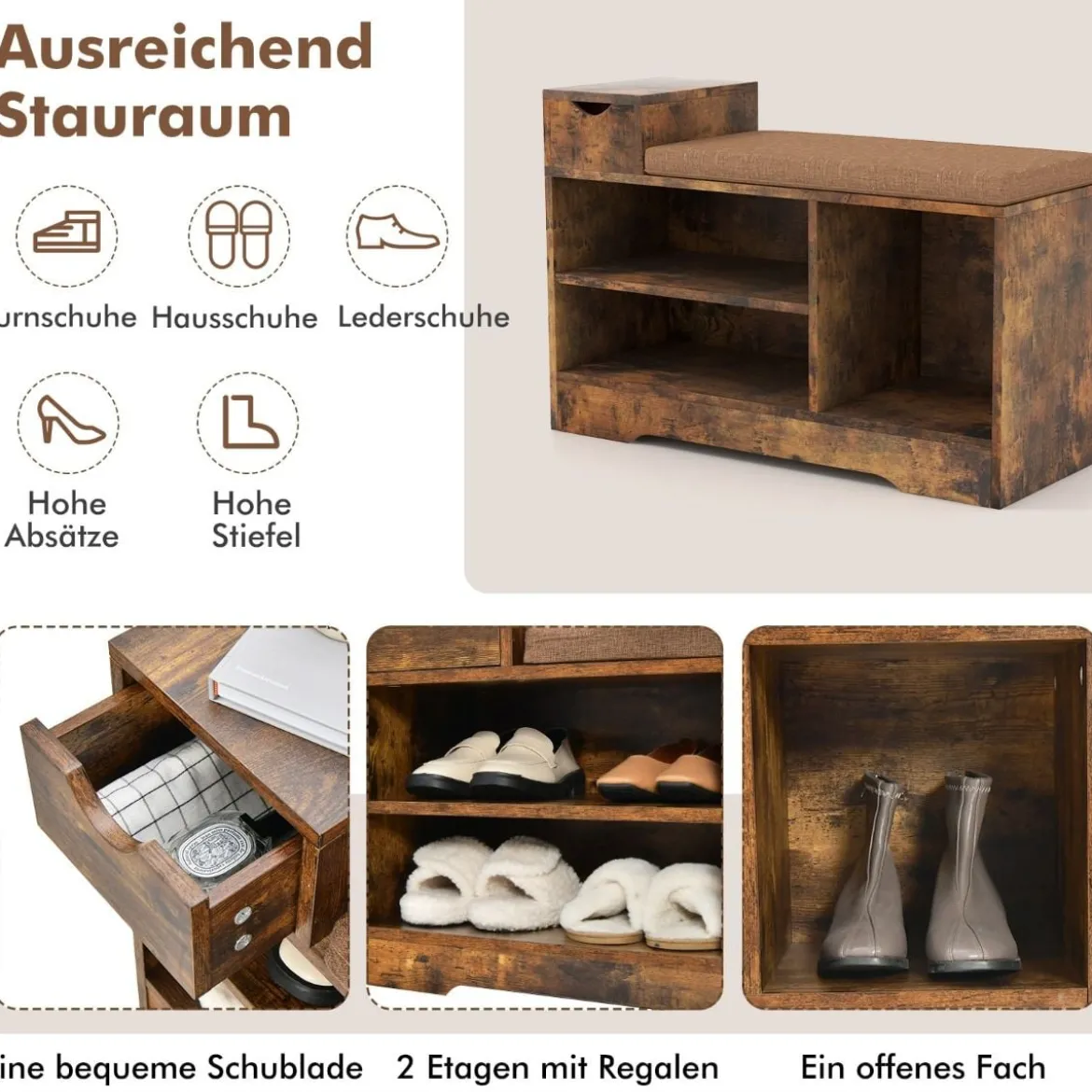2 in 1 Schuhregal & Sitzbank mit Schublade & 3 Fächer & Sitzkissen Schuhbank Vintage