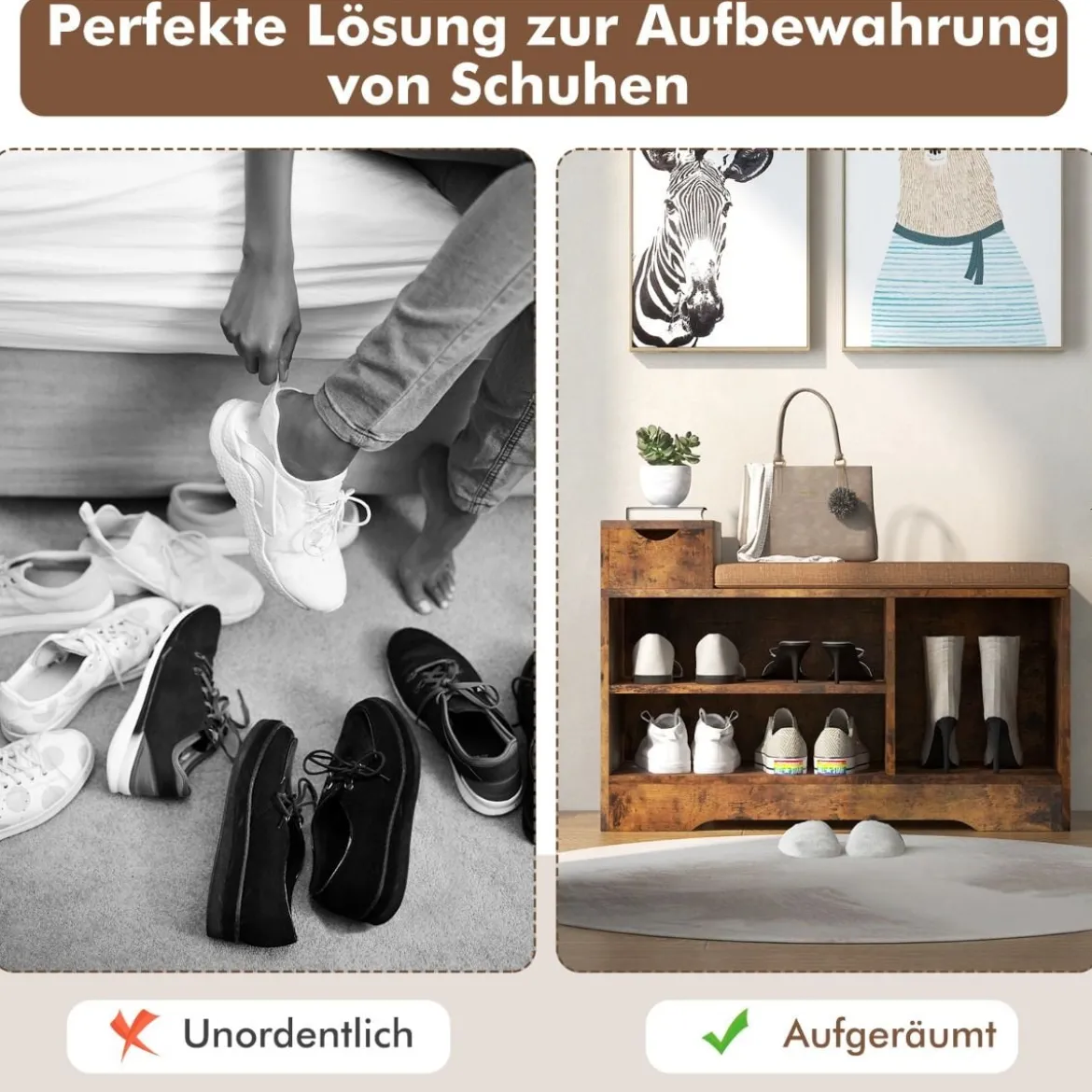 2 in 1 Schuhregal & Sitzbank mit Schublade & 3 Fächer & Sitzkissen Schuhbank Vintage