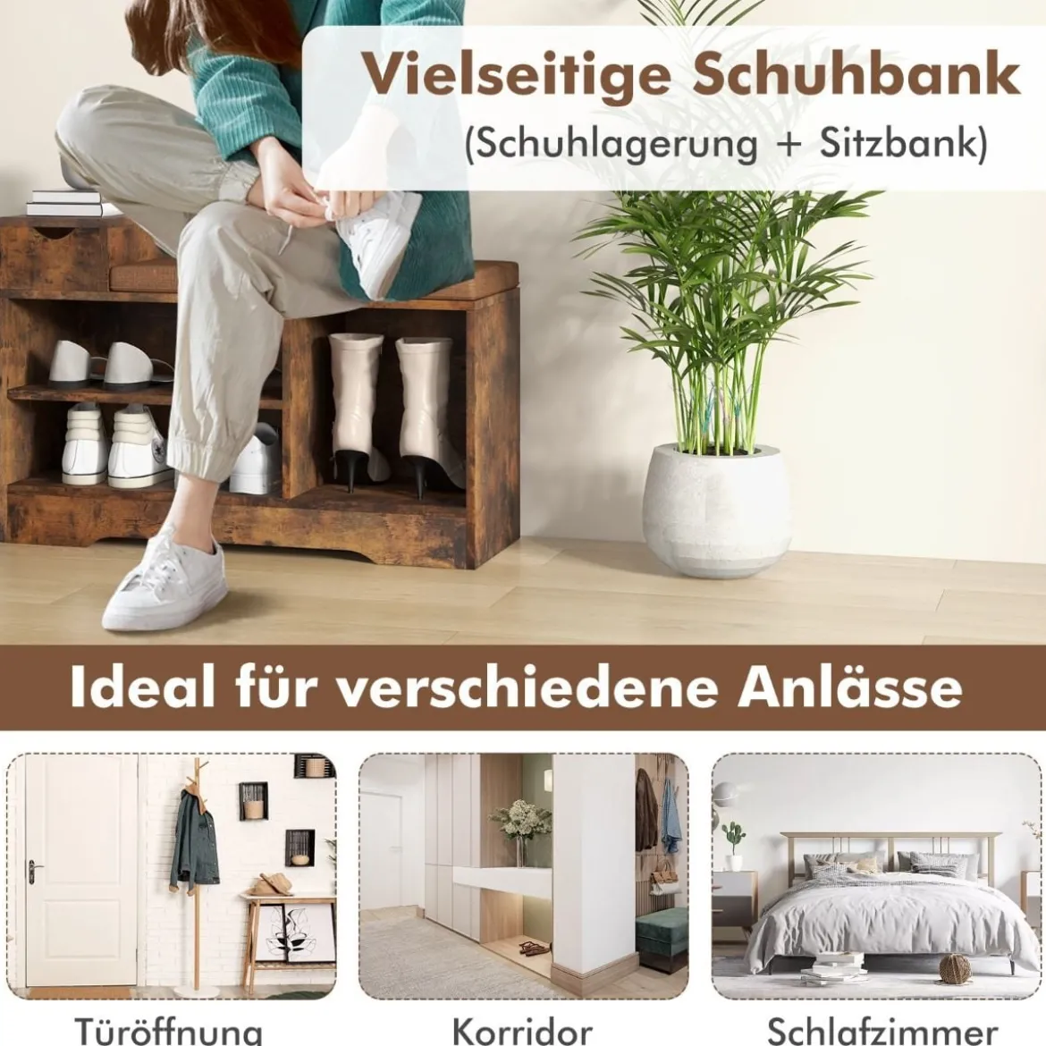 2 in 1 Schuhregal & Sitzbank mit Schublade & 3 Fächer & Sitzkissen Schuhbank Vintage