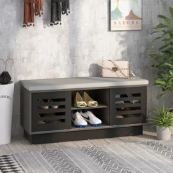 2 in 1 Sitzbank & Schuhregal mit 6 Fächer & 3 Verstellbaren Ablagen Schiebetüre 99,5 x 34,5 x 46 cm Grau